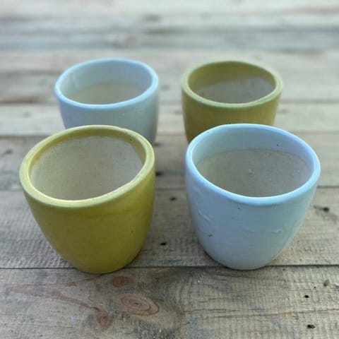 Set of 4 - 3 x 4 Inch (Yellow & White) Elegant Cup Ceramic Pot