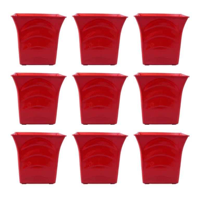 Set of 09 - 08 Inch Red Premium Pragati Square Plastic Pots