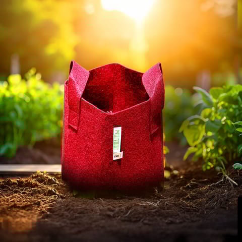 8x8 Inch Round Red LUMA Grow Bag - 400 GSM Heavy Duty Geo Fabric, Breathable, Reusable Planter for Home Gardening