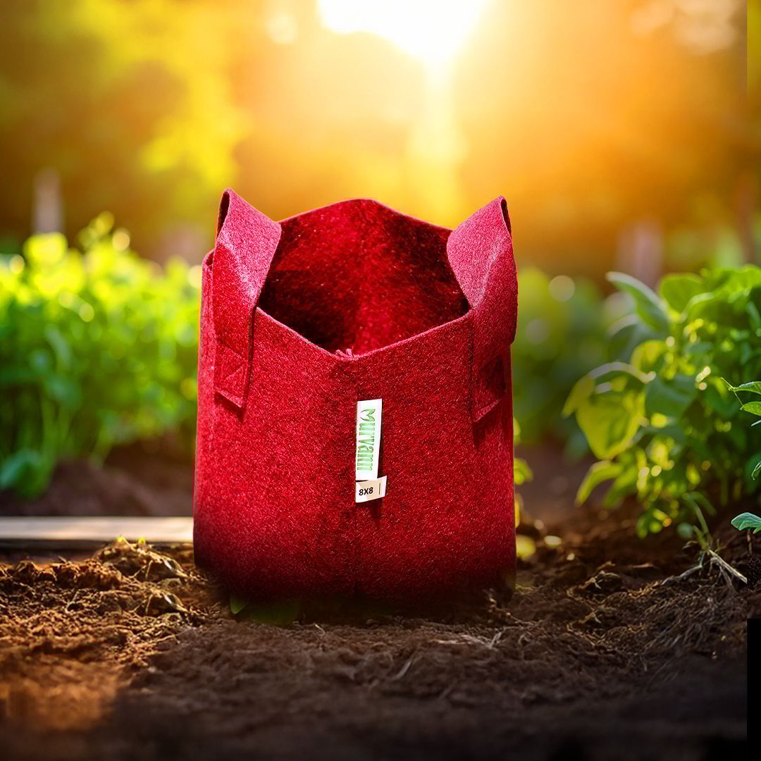 8x8 Inch Round Red LUMA Grow Bag - 400 GSM Heavy Duty Geo Fabric, Breathable, Reusable Planter for Home Gardening