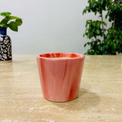 4 Inch Red Marble Painted Cylindrical Ceramic Pot- Gloss Finish Indoor Plant Pot