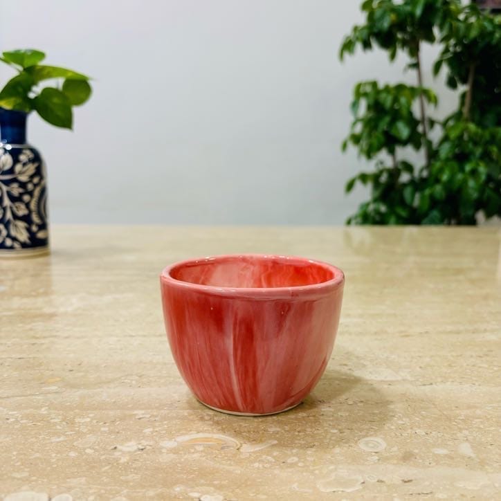 3 Inch Red Marble Handcrafted Cup Ceramic Pot- Gloss Finish Indoor Plant Pot