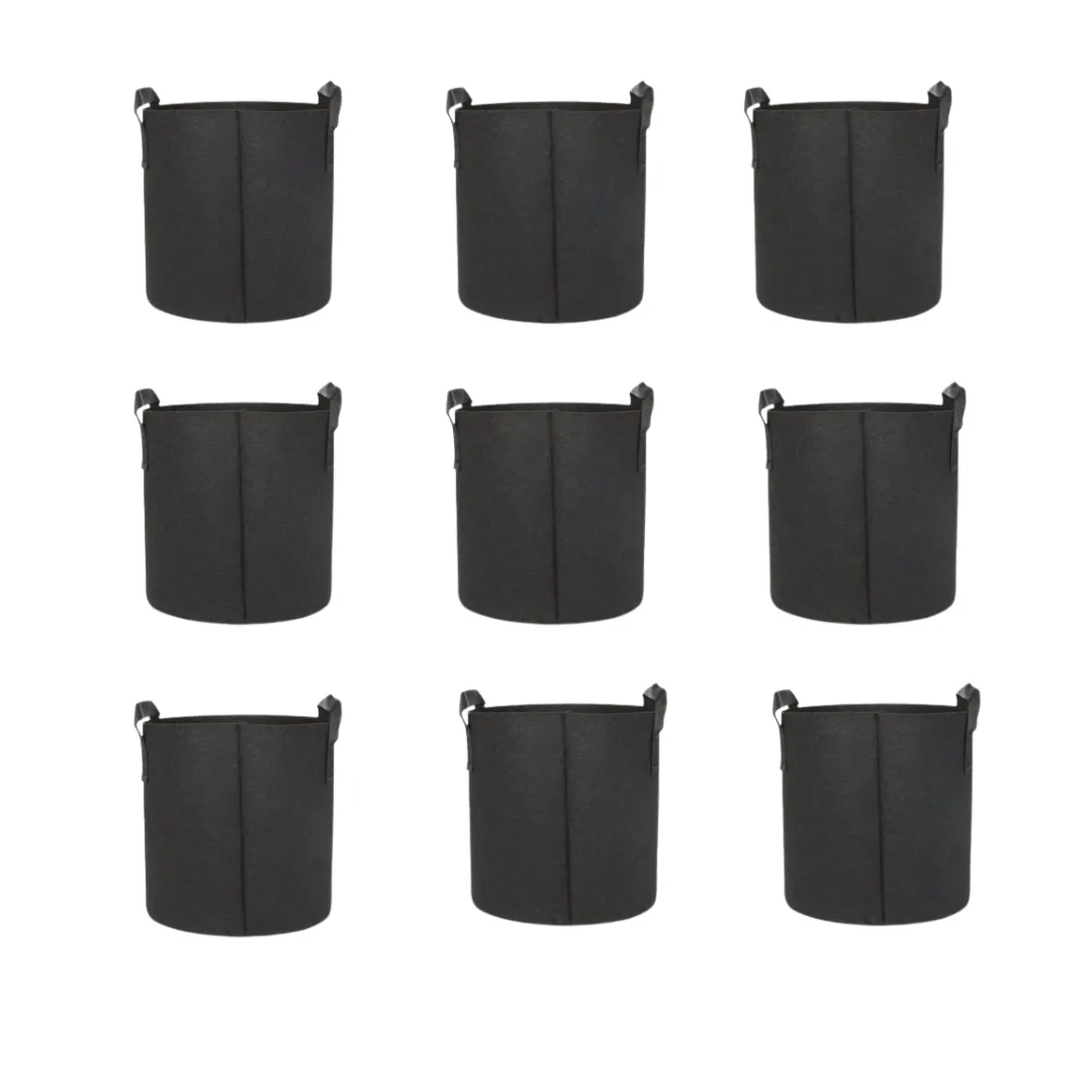 Set of 9 - 15x15 Inch Round Black LUMA Grow Bag - 400 GSM Heavy Duty Geo Fabric, Breathable, Reusable Planter for Home Gardening