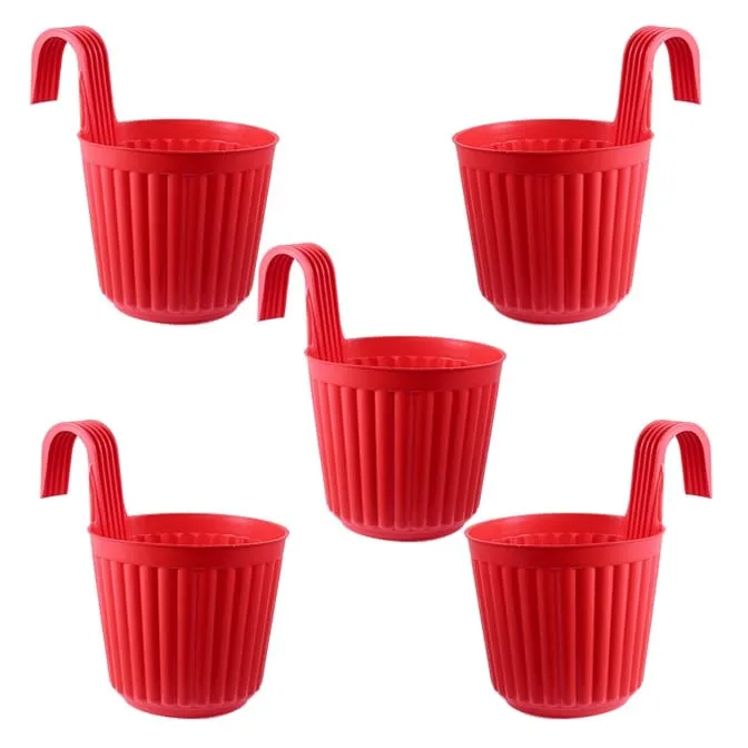Set of 05 - 7 Inch Red Railing Single Hook Hanging Plastic Pot