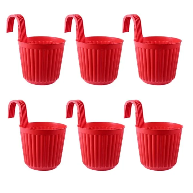Set of 06 - 7 Inch Red Railing Single Hook Hanging Plastic Pot