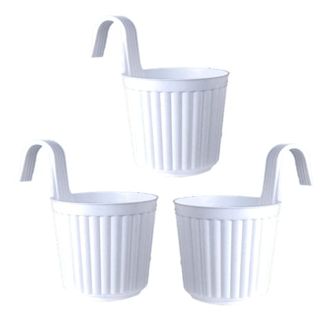 Set of 03 - 7 Inch White Railing Single Hook Hanging Plastic Pot
