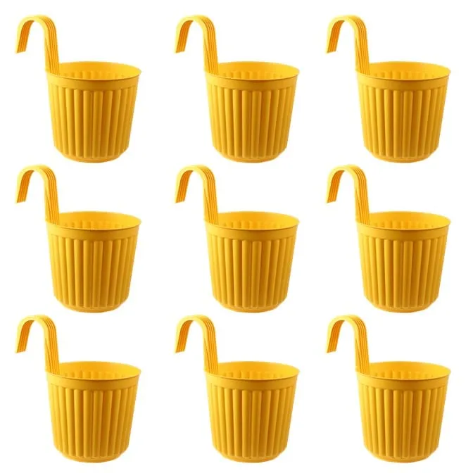 Set of 09 - 7 Inch Yellow Railing Single Hook Hanging Plastic Pot