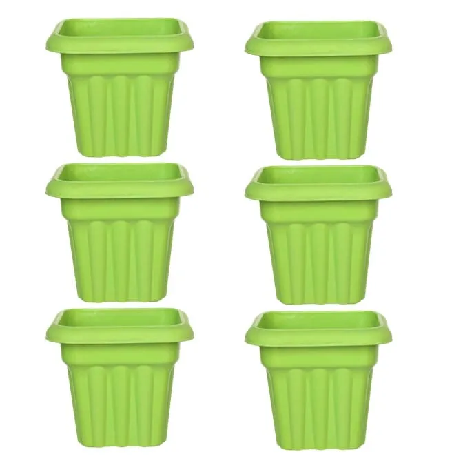 Set of 06 - 8 Inch Green Heavy Square Plastic Pot