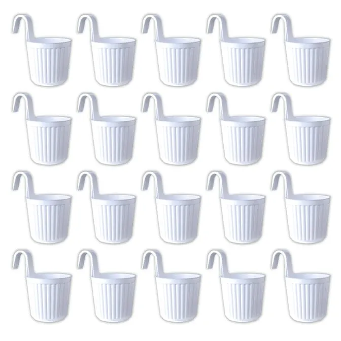 Set of 20 - 7 Inch White Railing Single Hook Hanging Plastic Pot