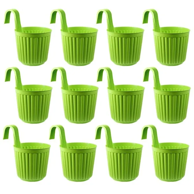 Set of 12 - 7 Inch Green Railing Single Hook Hanging Plastic Pot