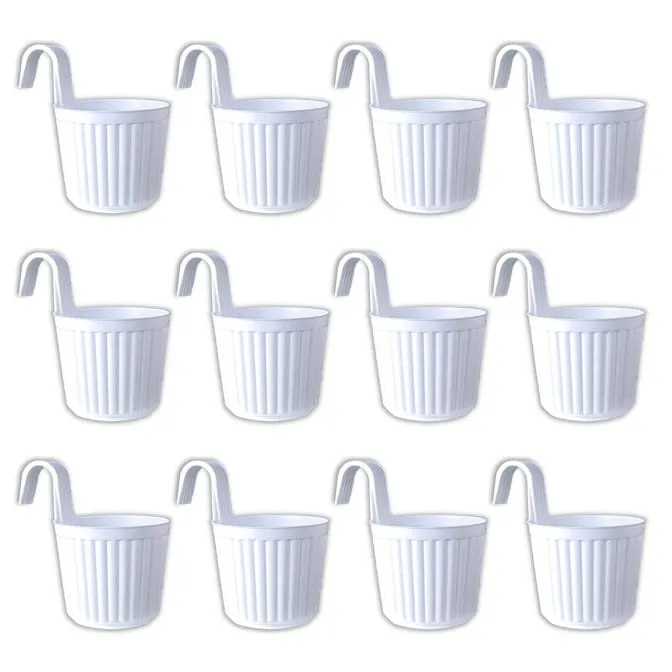 Set of 12 - 7 Inch White Railing Single Hook Hanging Plastic Pot