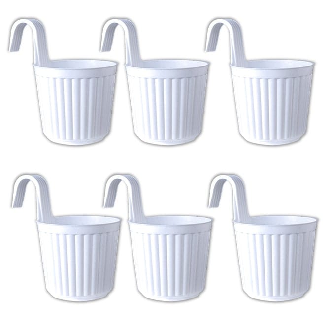 Set of 06 - 7 Inch White Railing Single Hook Hanging Plastic Pot