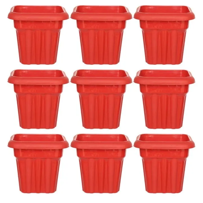 Set of 09 - 8 Inch Red Heavy Square Plastic Pot