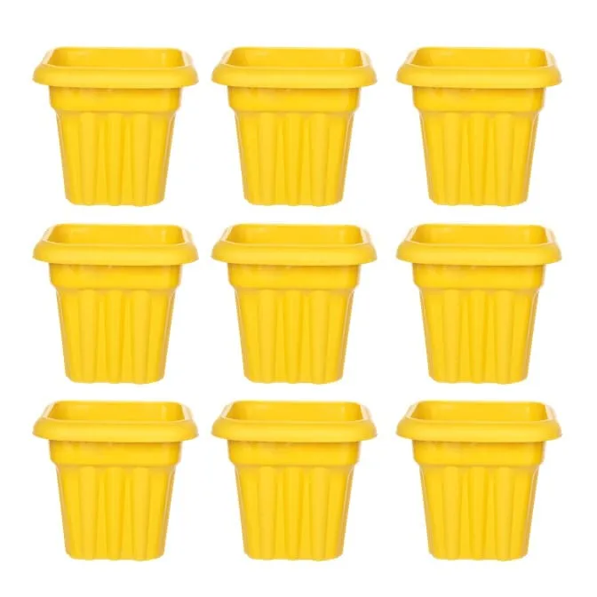 Set of 09 - 8 Inch Yellow Heavy Square Plastic Pot