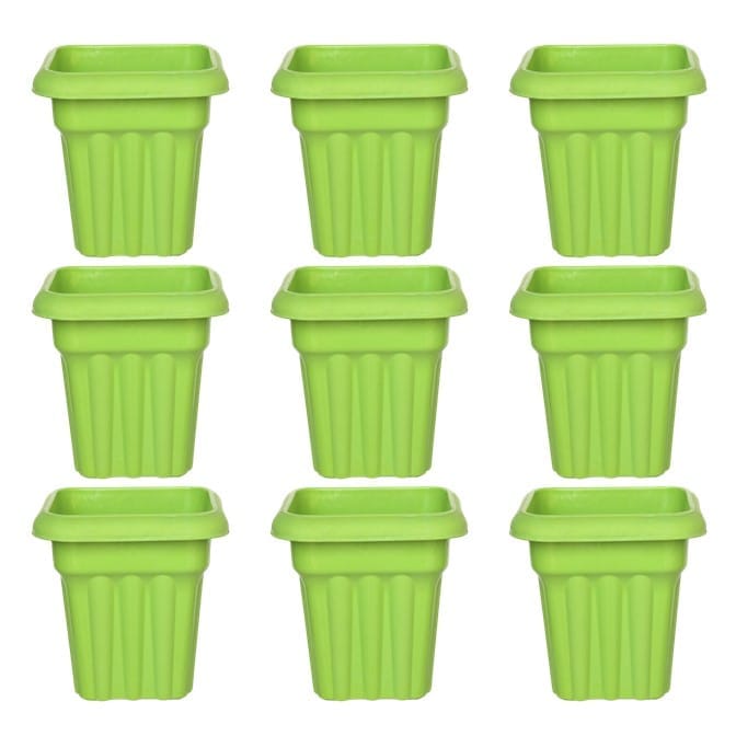 Set of 09 - 8 Inch Green Heavy Square Plastic Pot