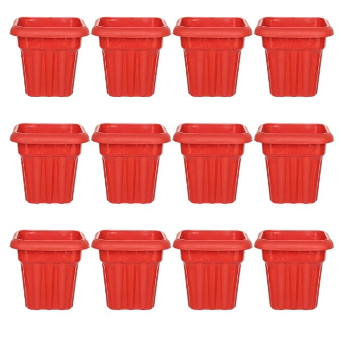 Set of 12 - 8 Inch Red Heavy Square Plastic Pot