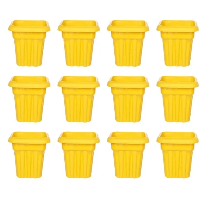 Set of 12 - 8 Inch Yellow Heavy Square Plastic Pot