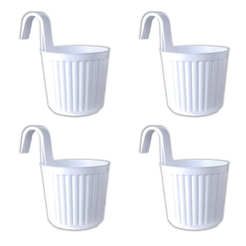 Set of 04 - 7 Inch White Railing Single Hook Hanging Plastic Pot