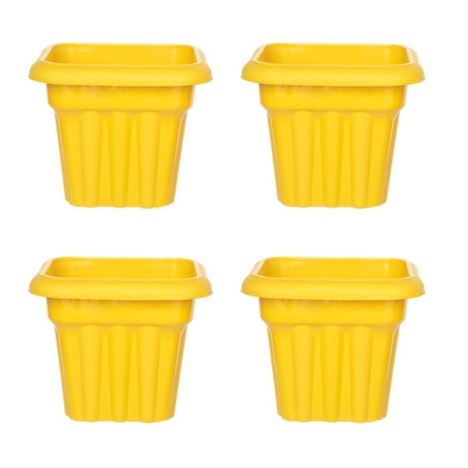 Set of 04 - 10 Inch Yellow Heavy Square Plastic Pot