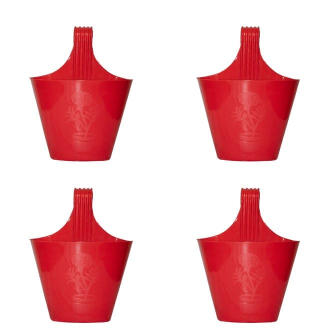 Set of 04 - 8 Inch Red Single Hook Hanging Plastic Pot