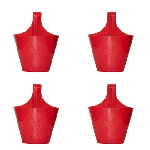 Set of 04 - 8 Inch Red Single Hook Hanging Plastic Pot