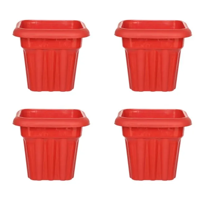 Set of 04 - 8 Inch Red Heavy Square Plastic Pot