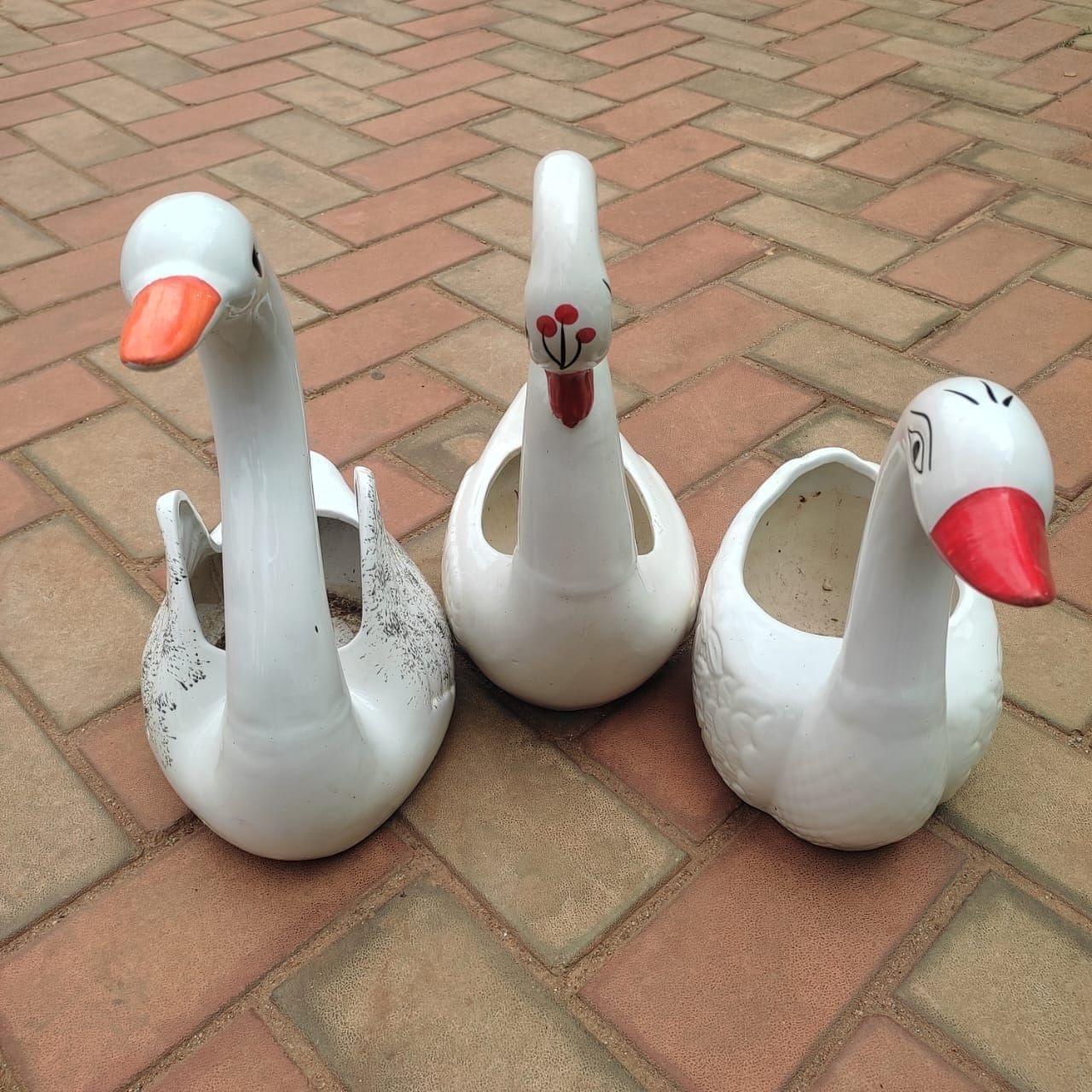 Set of 3 - (3,4 & 5 Inch) White Cute Duck Designer Ceramic Pot
