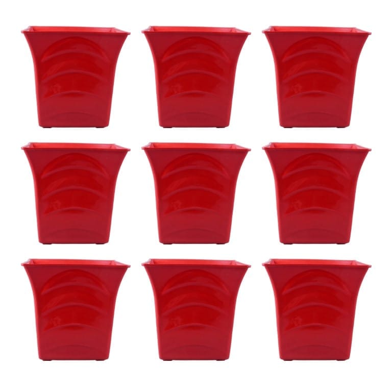 Set of 09 - 08 Inch Red Premium Tokyo Square Plastic Pot