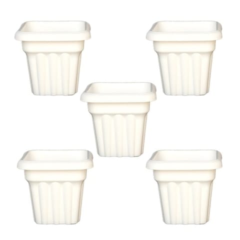 Set of 05 - 8 Inch White Heavy Square Plastic Pot