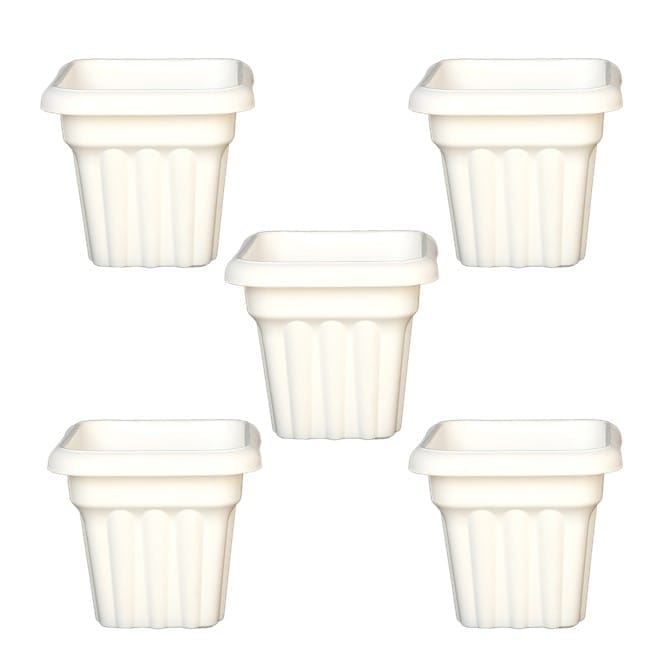 Set of 05 - 8 Inch White Heavy Square Plastic Pot