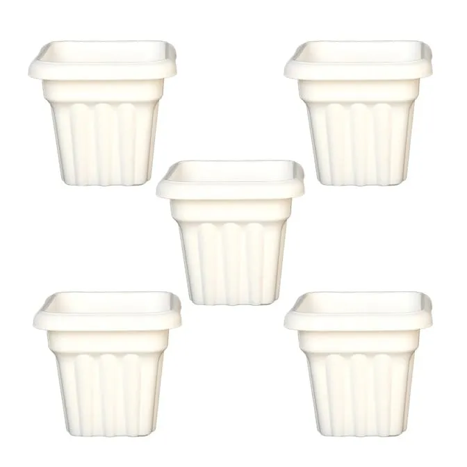 Set of 05 - 8 Inch White Heavy Square Plastic Pot