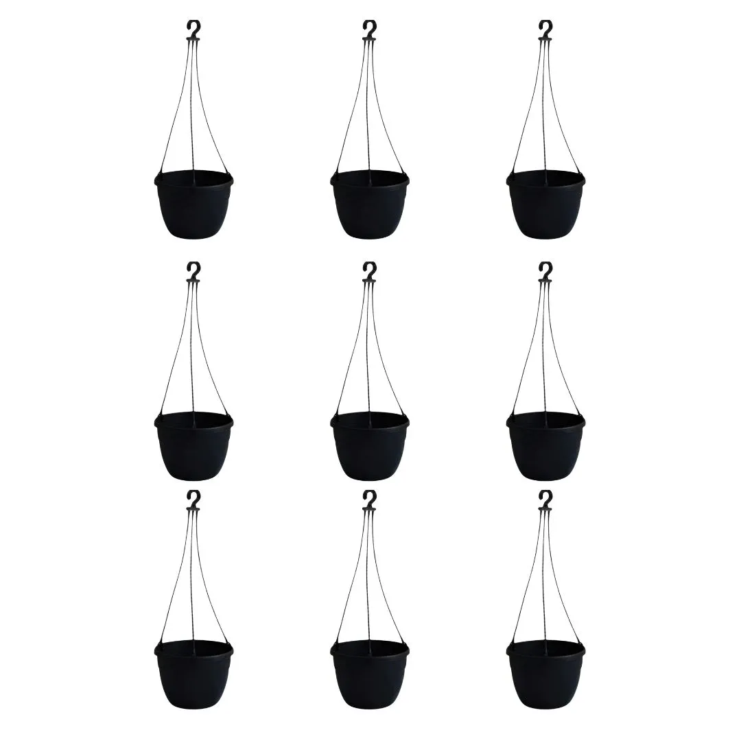 Set of 9 - 7 Inch Black Premium Evara Hanging Plastic Pot