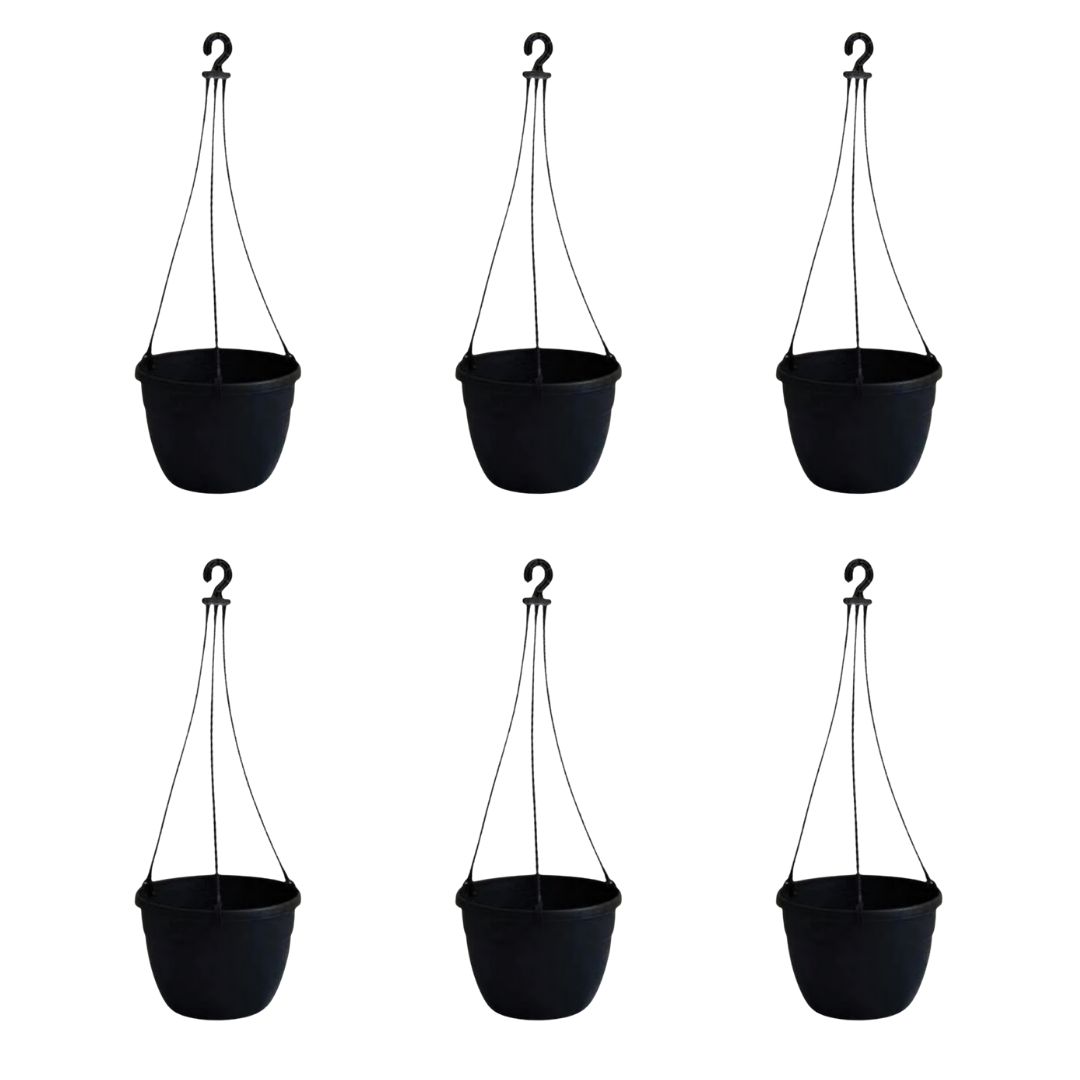 Set of 6 - 7 Inch Black Premium Evara Hanging Plastic Pot