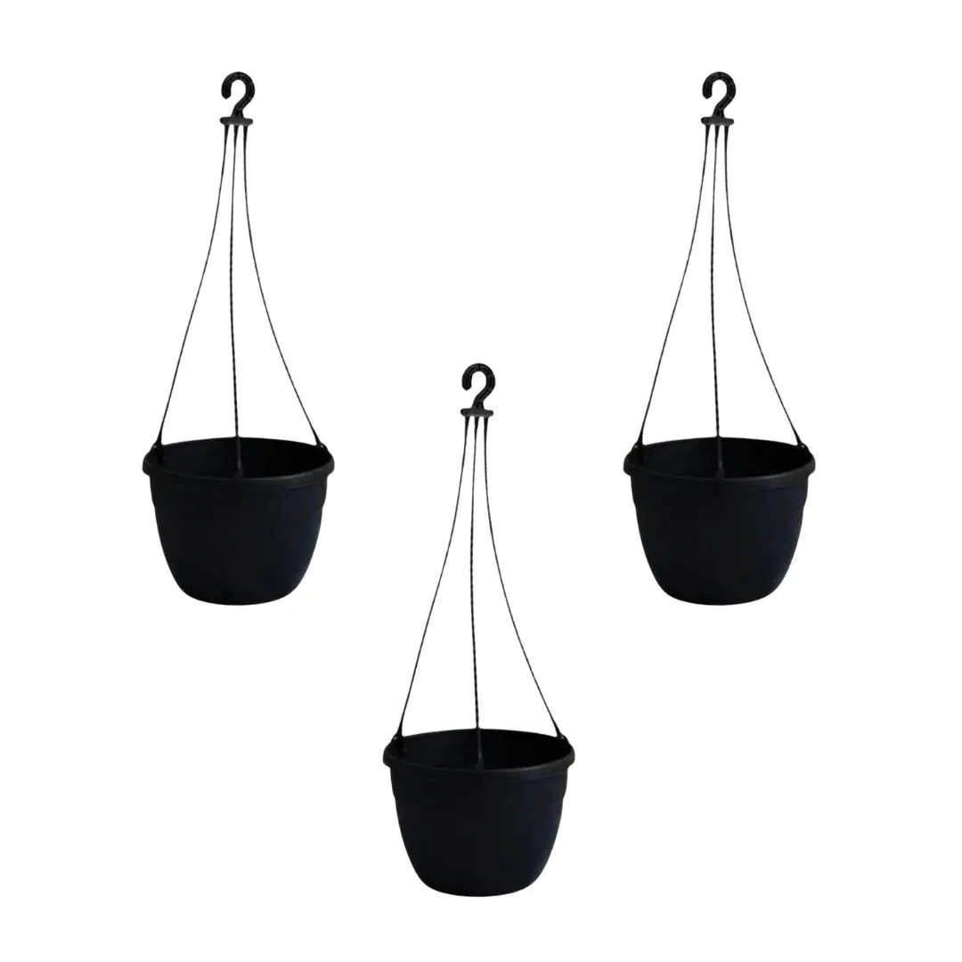 Set of 3 - 7 Inch Black Premium Evara Hanging Plastic Pot