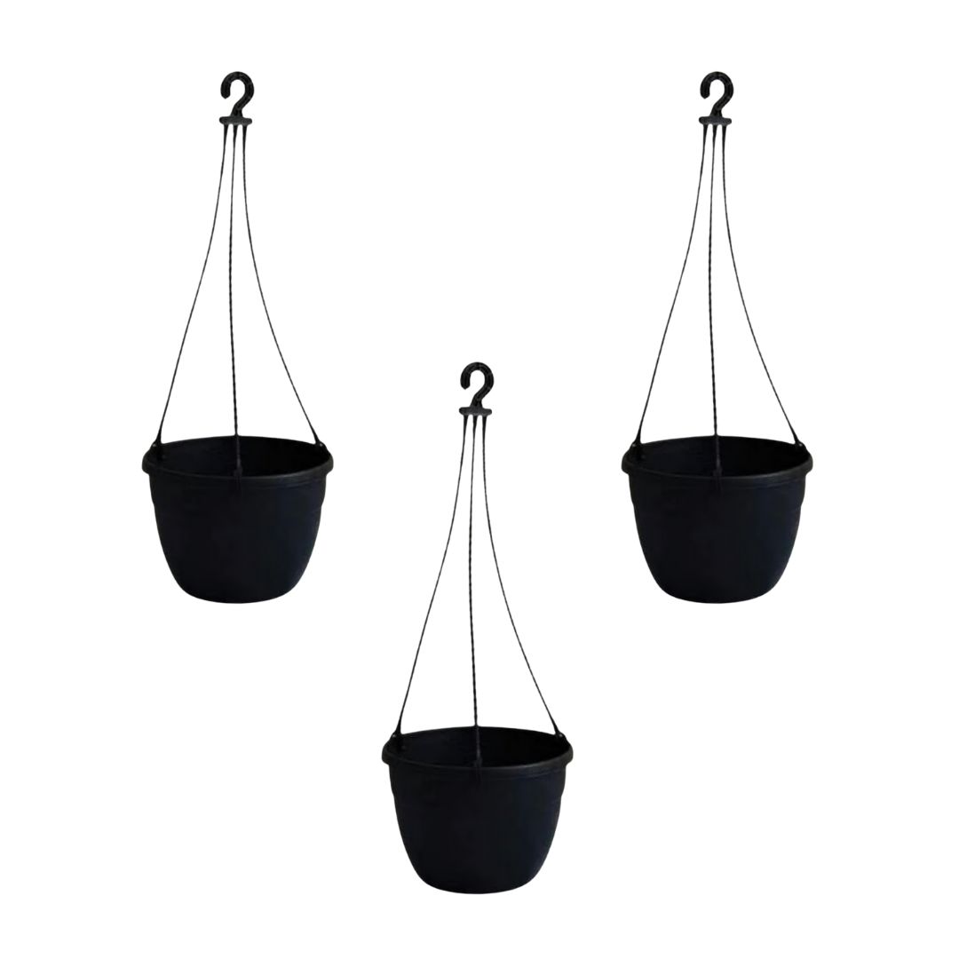 Set of 3 - 6 Inch Black Premium Evara Hanging Plastic Pot