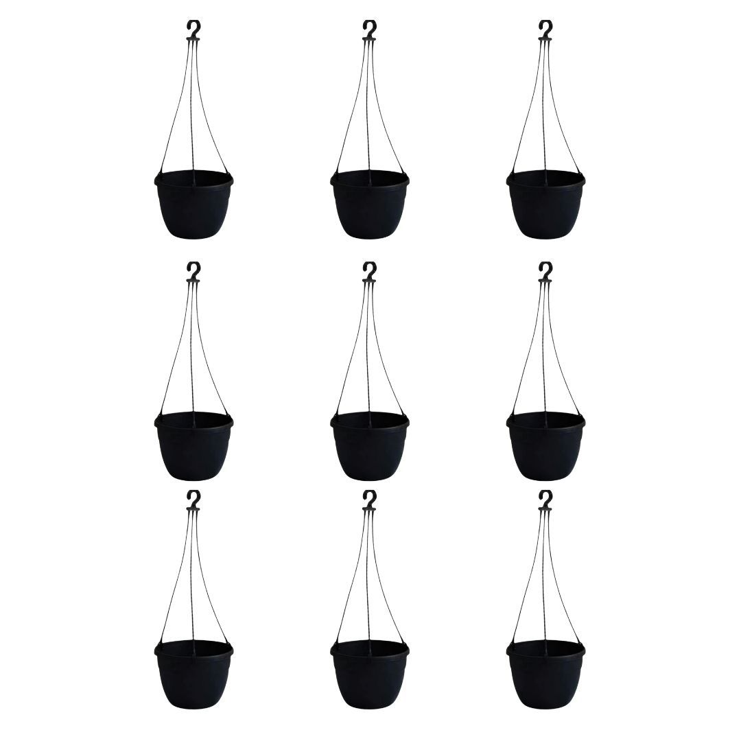 Set of 9 - 6 Inch Black Premium Evara Hanging Plastic Pot