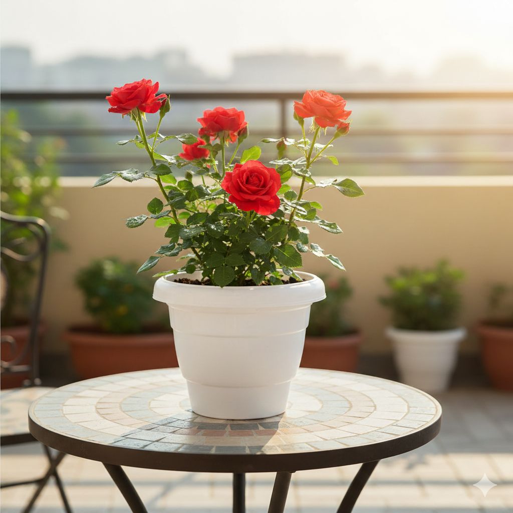 Rose Red in 8 Inch White Classy Plastic Pot