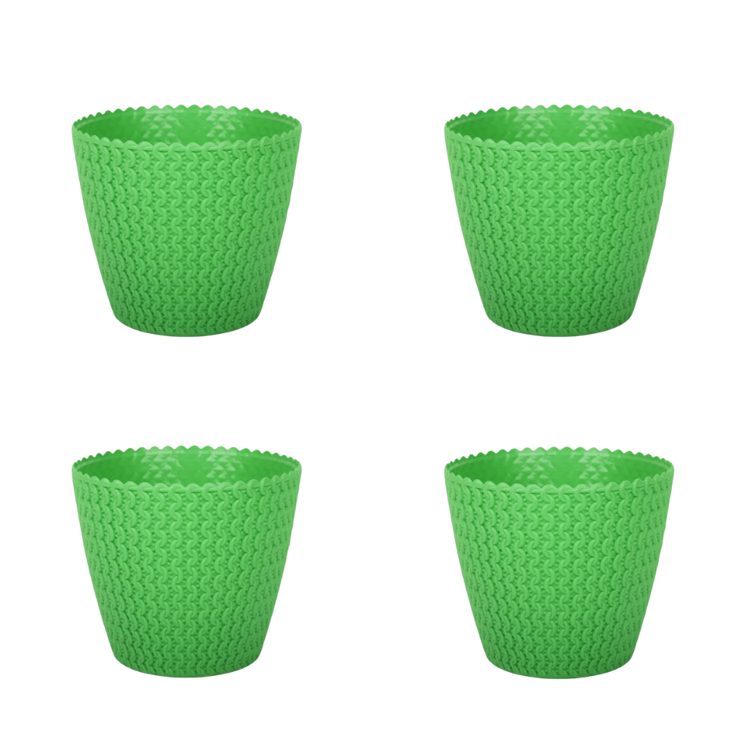 Set of 4 - 7 Inch Green Poppy Charm Premium Plastic Planter