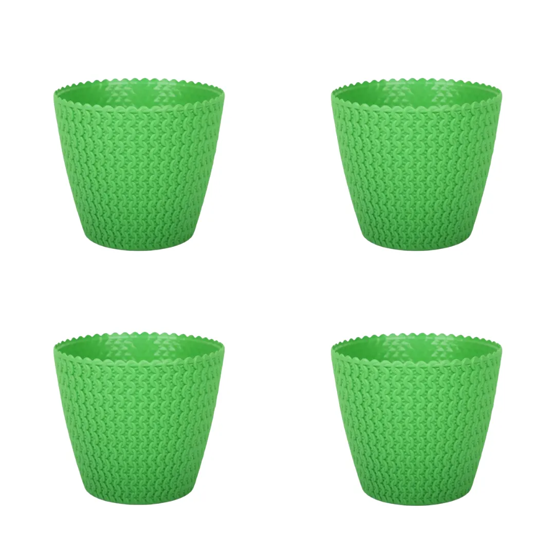 Set of 4 - 7 Inch Green Poppy Charm Premium Plastic Planter