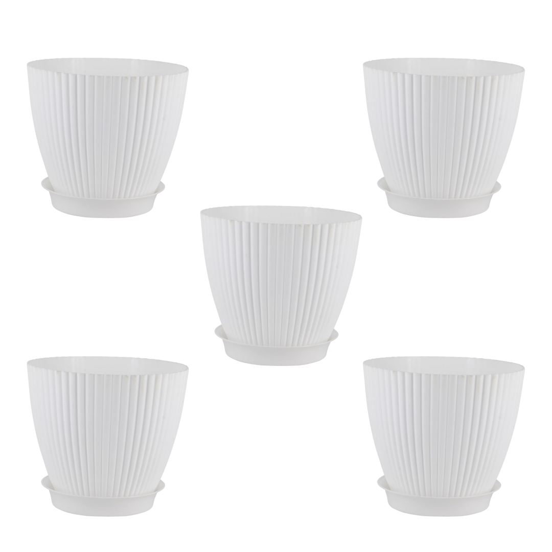 Set of 5 - 7 Inch White Royal Circle Set Premium Plastic Planter