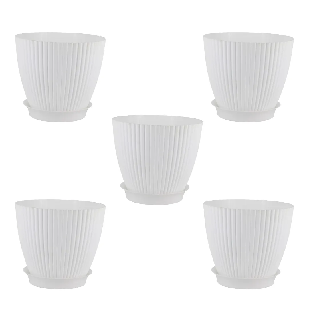 Set of 5 - 7 Inch White Royal Circle Set Premium Plastic Planter