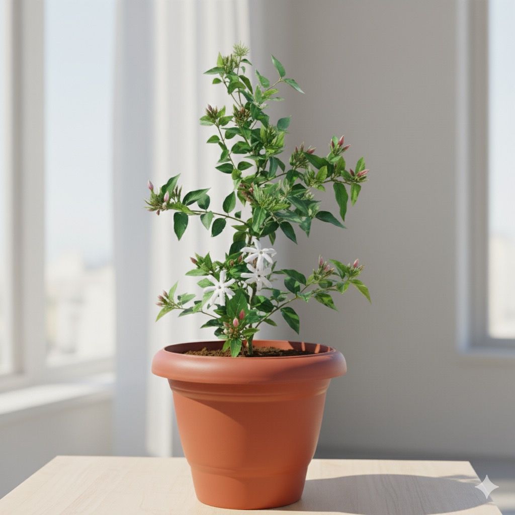 Mogra / Jasmine (any colour) in 8 Inch Terracotta Red Classy Plastic Pot
