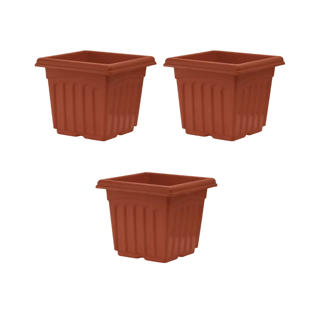 Set of 3 - 8 Inch Terracotta Red Heavy Square Premium Plastic Planter