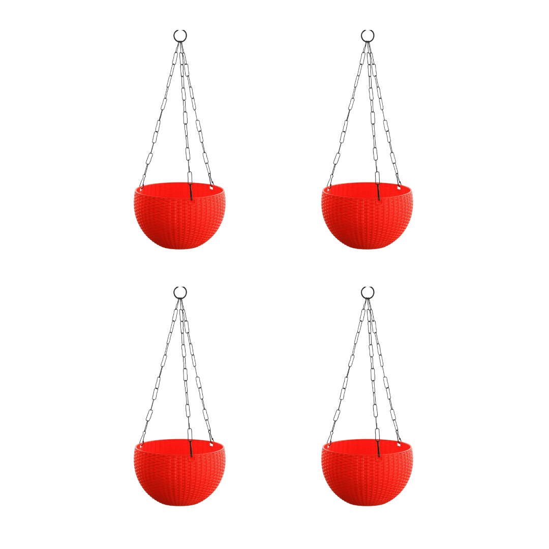 Set of 4 - 8 Inch Red Wave Weave Premium Hanging Planter