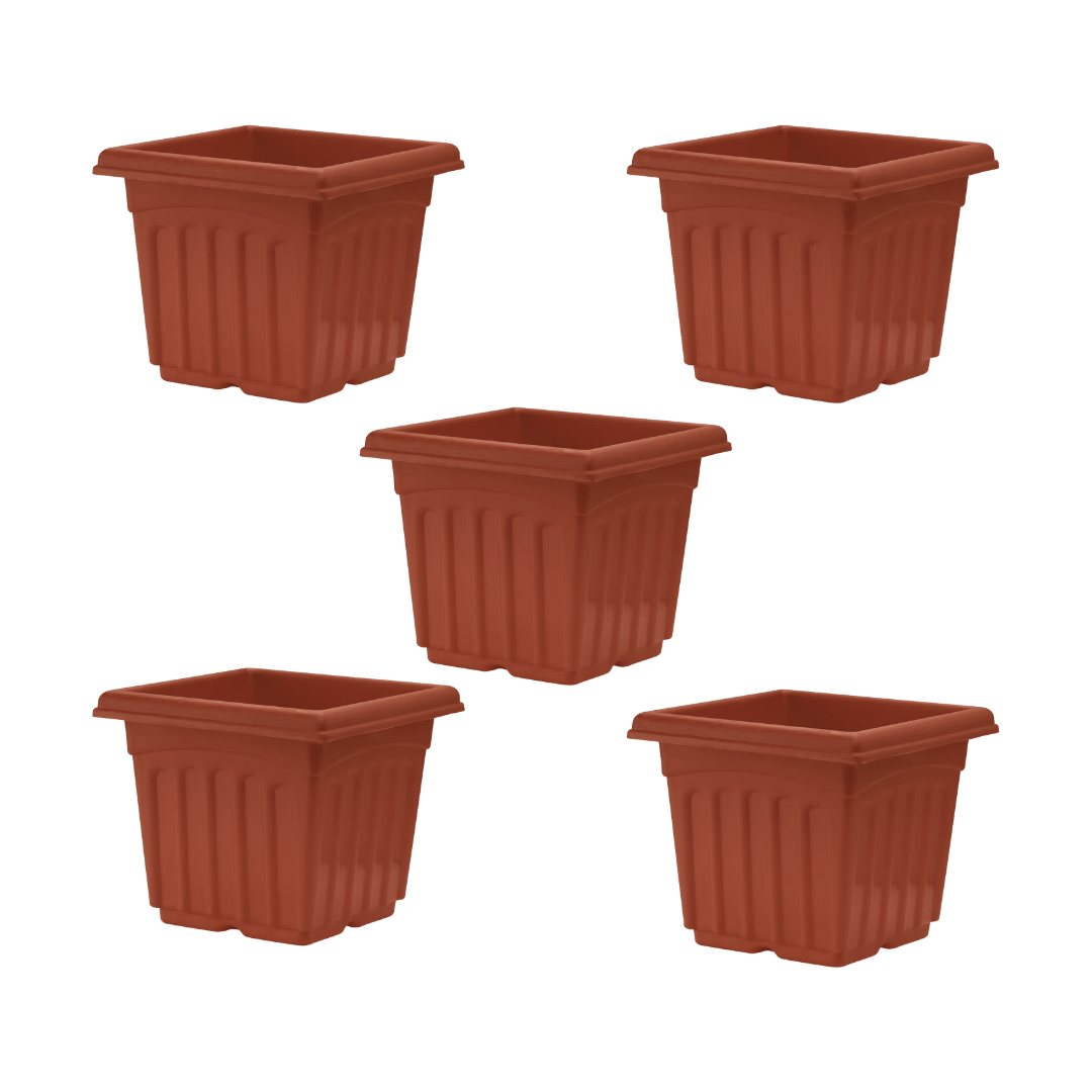 Set of 5 - 8 Inch Terracotta Red Heavy Square Premium Plastic Planter