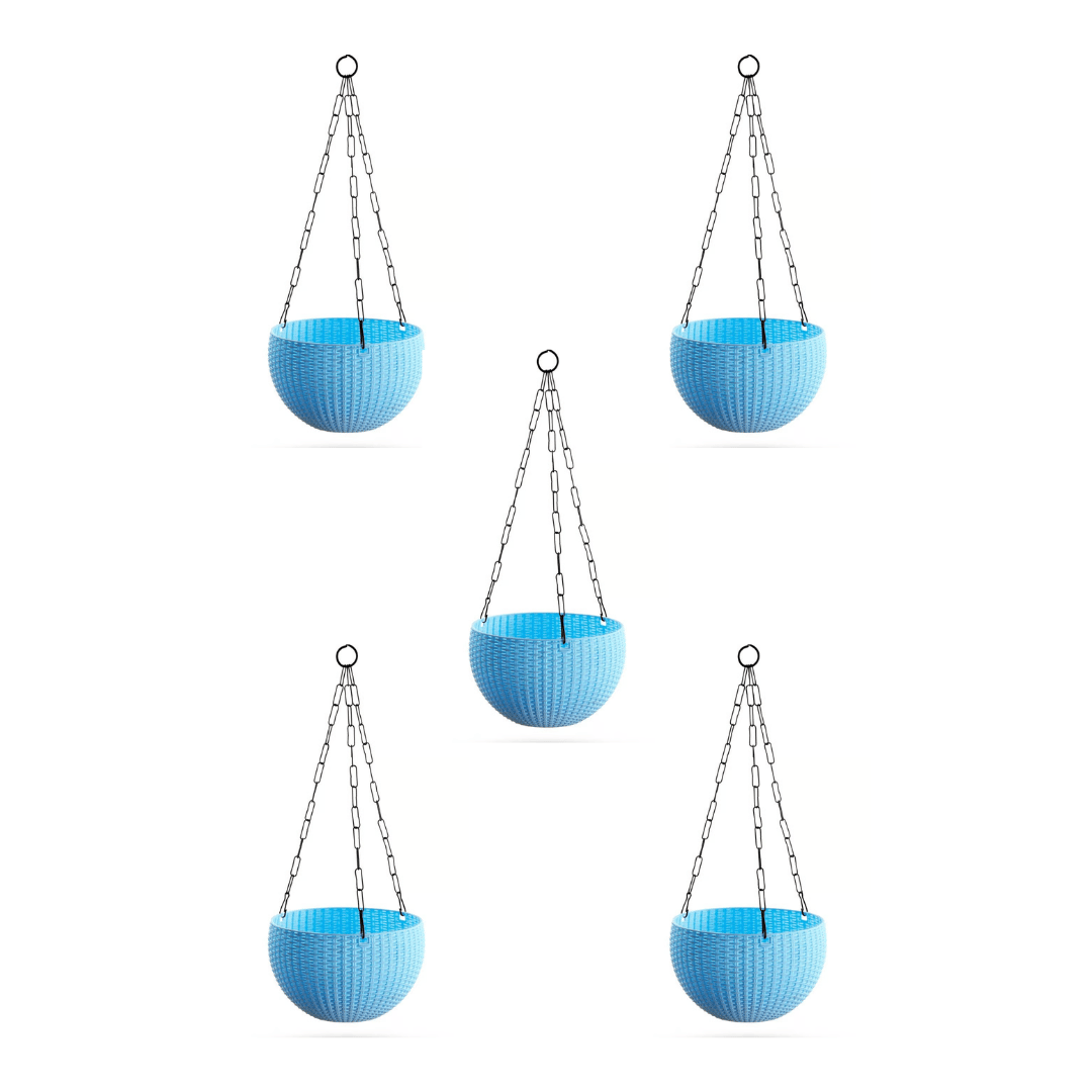 Set of 5 - 8 Inch Light Blue Wave Weave Premium Hanging Planter