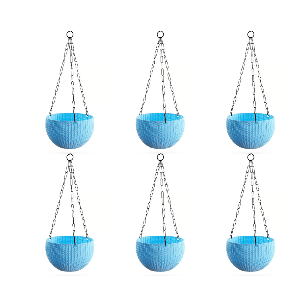 Set of 6 - 8 Inch Light Blue Wave Weave Premium Hanging Planter