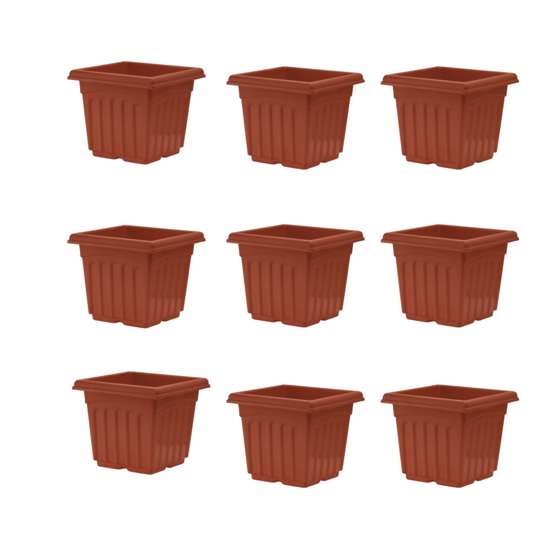 Set of 9 - 8 Inch Terracotta Red Heavy Square Premium Plastic Planter