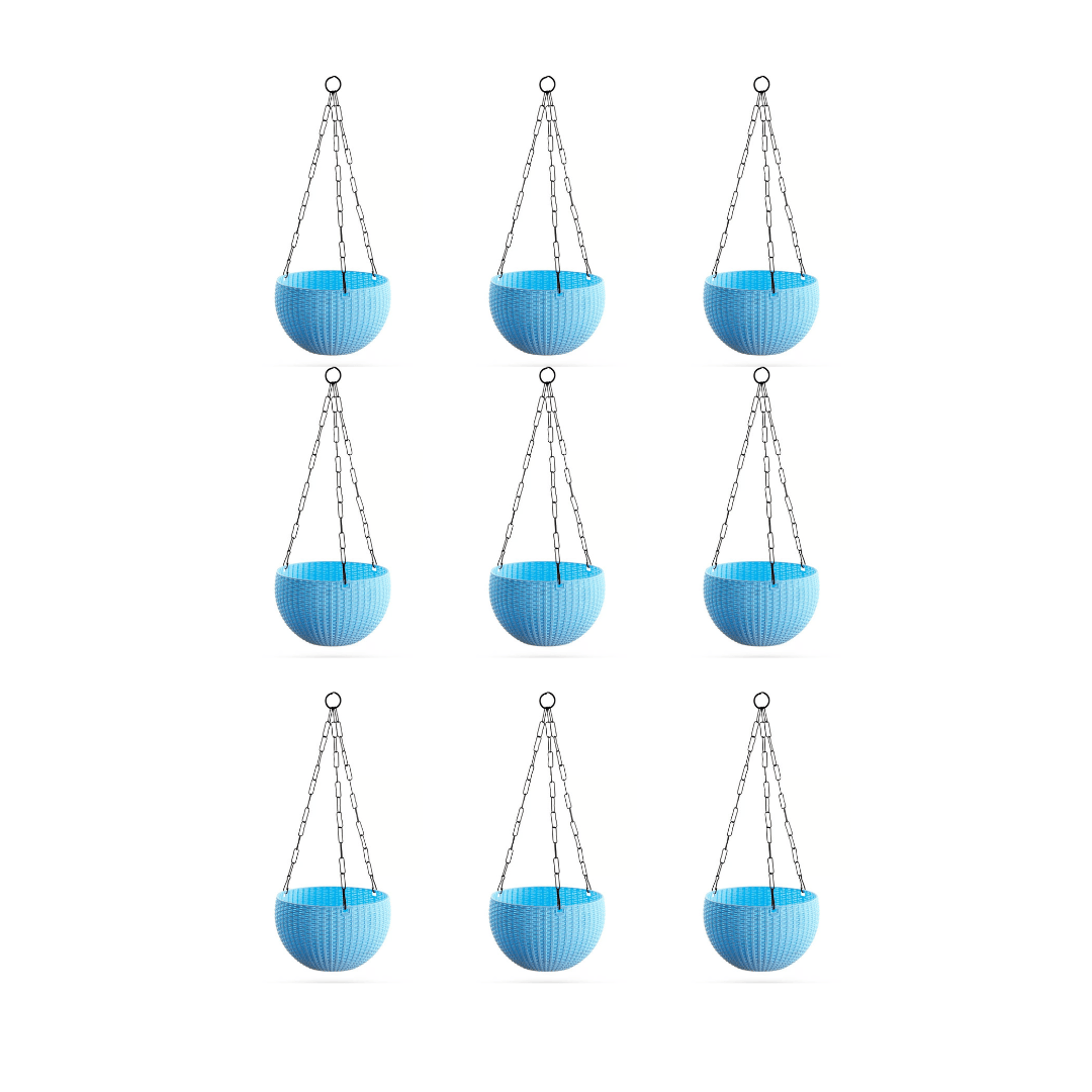 Set of 9 - 8 Inch Light Blue Wave Weave Premium Hanging Planter
