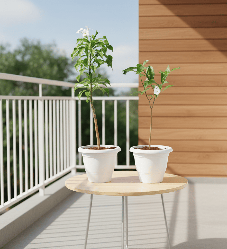 Perfect Festive Combo - Set of 2 - Naag Champa & Double Chandni (any colour) in 10 Inch Classy White Plastic Pot